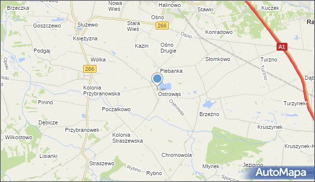 mapa Ostrowąs, Ostrowąs gmina Aleksandrów Kujawski na mapie Targeo